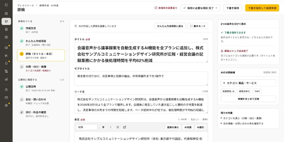 PRoomの原稿編集・公開画面